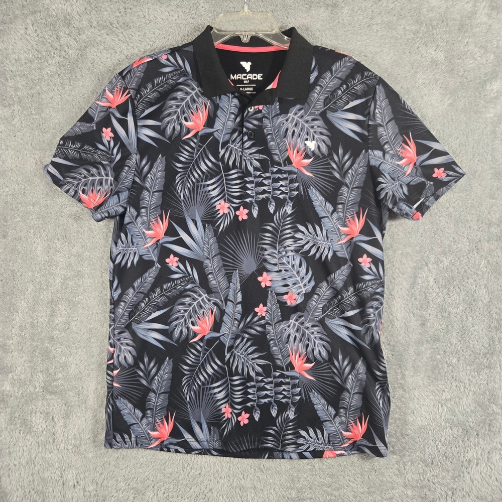 Macade Golf Mens XL Slim Fit Tropical Floral Polo Shirt Black Pink Grey Hibiscus